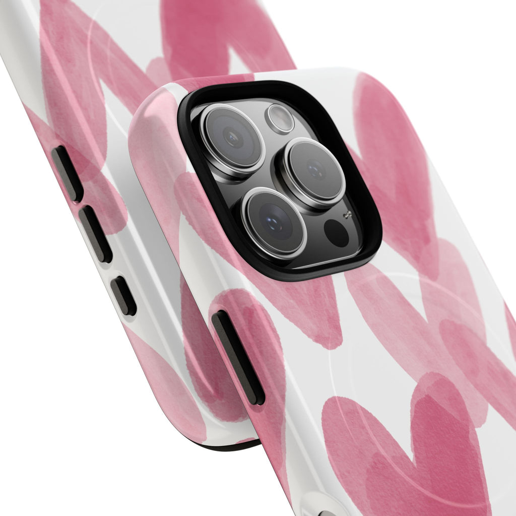 Pink Watercolor Hearts - iPhone- Tough Magnetic Phone Case