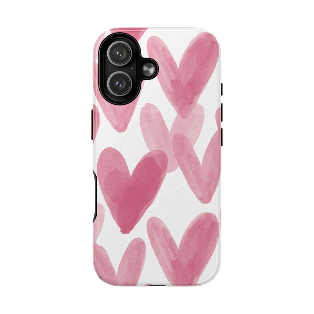 Pink Watercolor Hearts - iPhone- Tough Magnetic Phone Case