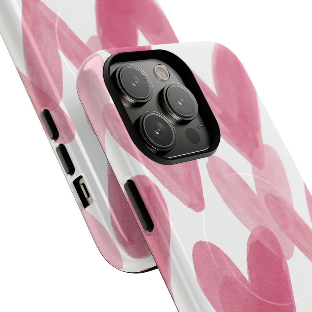 Pink Watercolor Hearts - iPhone- Tough Magnetic Phone Case