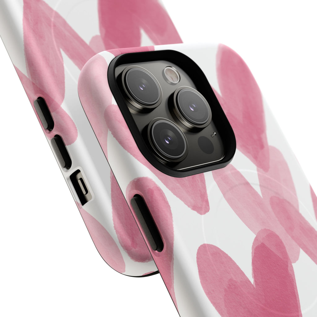 Pink Watercolor Hearts - iPhone- Tough Magnetic Phone Case
