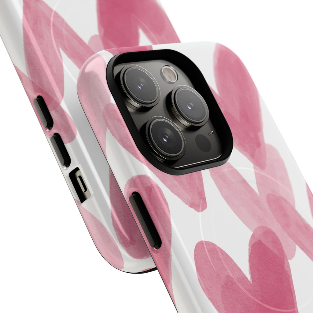 Pink Watercolor Hearts - iPhone- Tough Magnetic Phone Case
