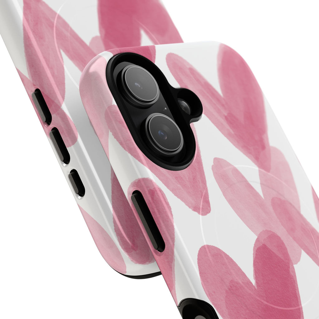 Pink Watercolor Hearts - iPhone- Tough Magnetic Phone Case