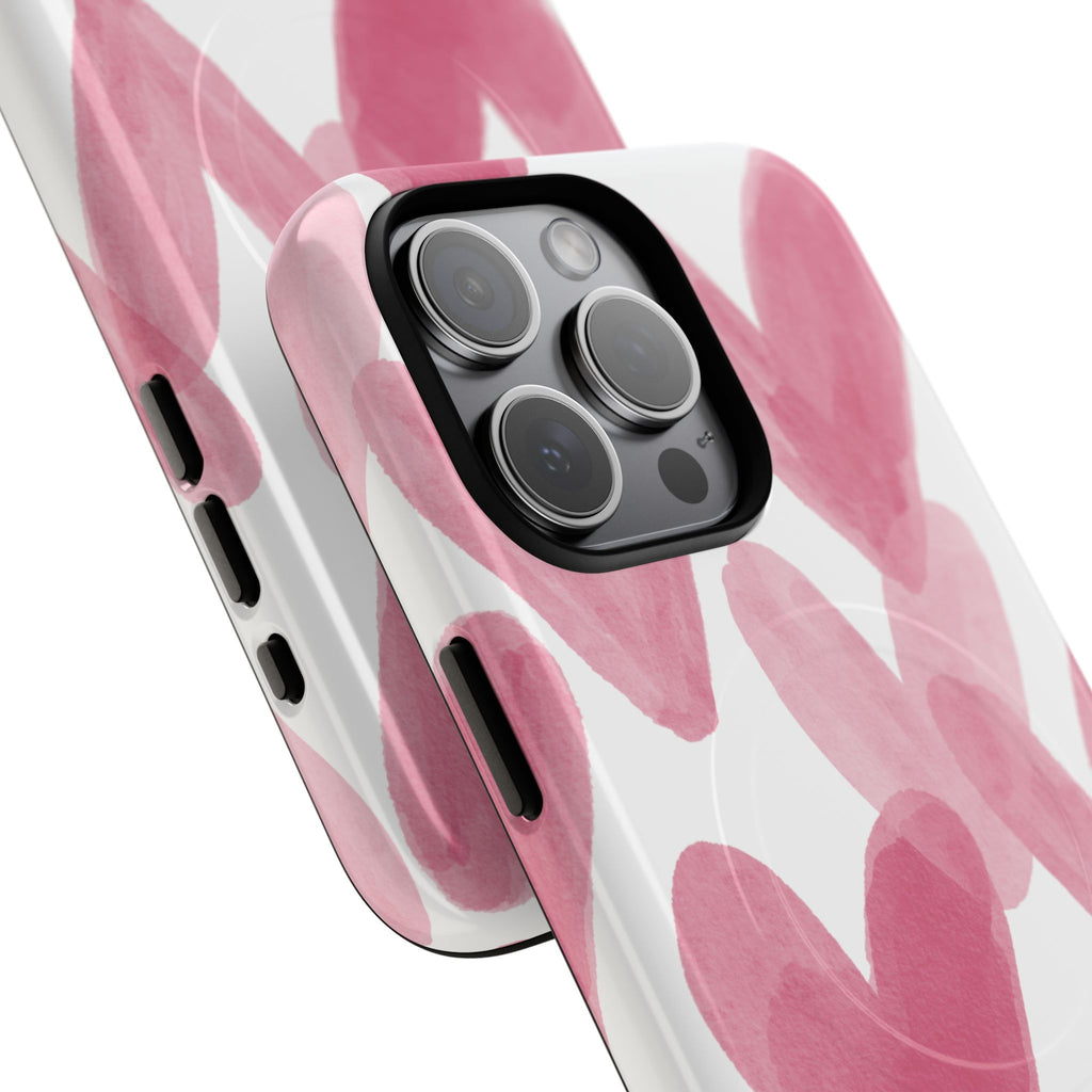Pink Watercolor Hearts - iPhone- Tough Magnetic Phone Case