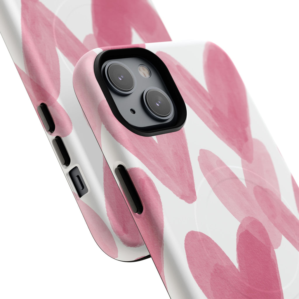 Pink Watercolor Hearts - iPhone- Tough Magnetic Phone Case