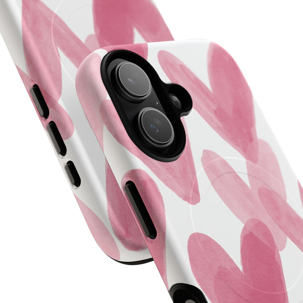 Pink Watercolor Hearts - iPhone- Tough Magnetic Phone Case