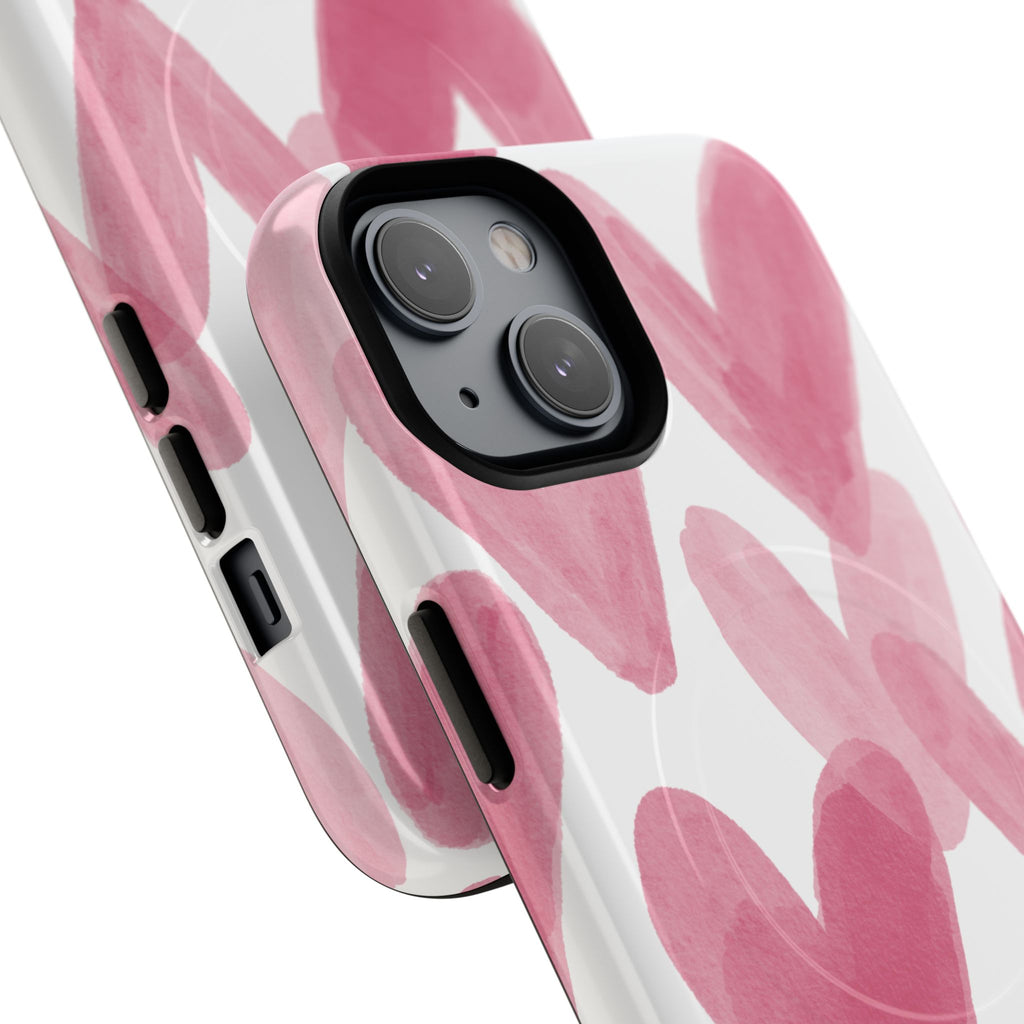 Pink Watercolor Hearts - iPhone- Tough Magnetic Phone Case