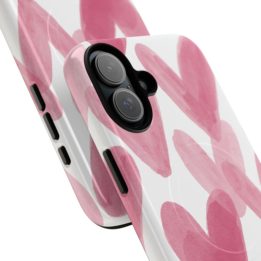 Pink Watercolor Hearts - iPhone- Tough Magnetic Phone Case