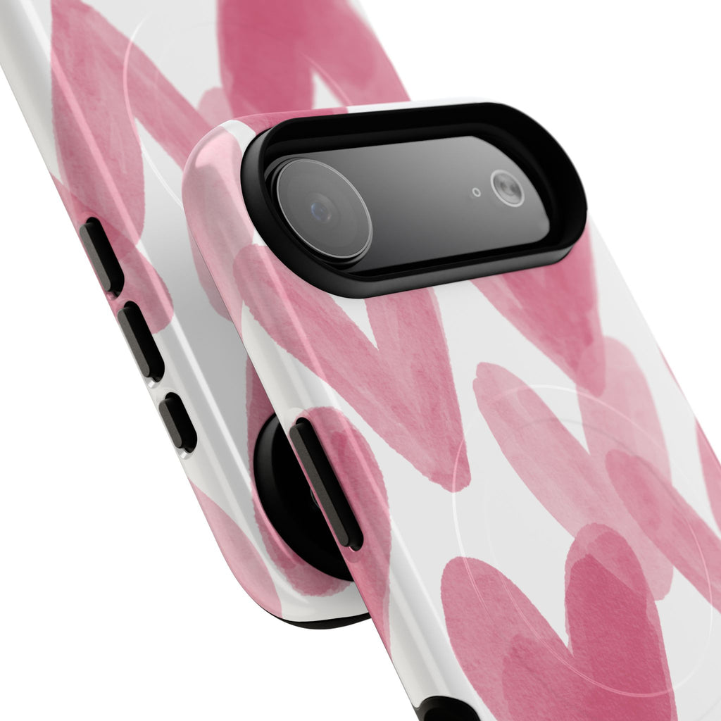 Pink Watercolor Hearts - iPhone- Tough Magnetic Phone Case
