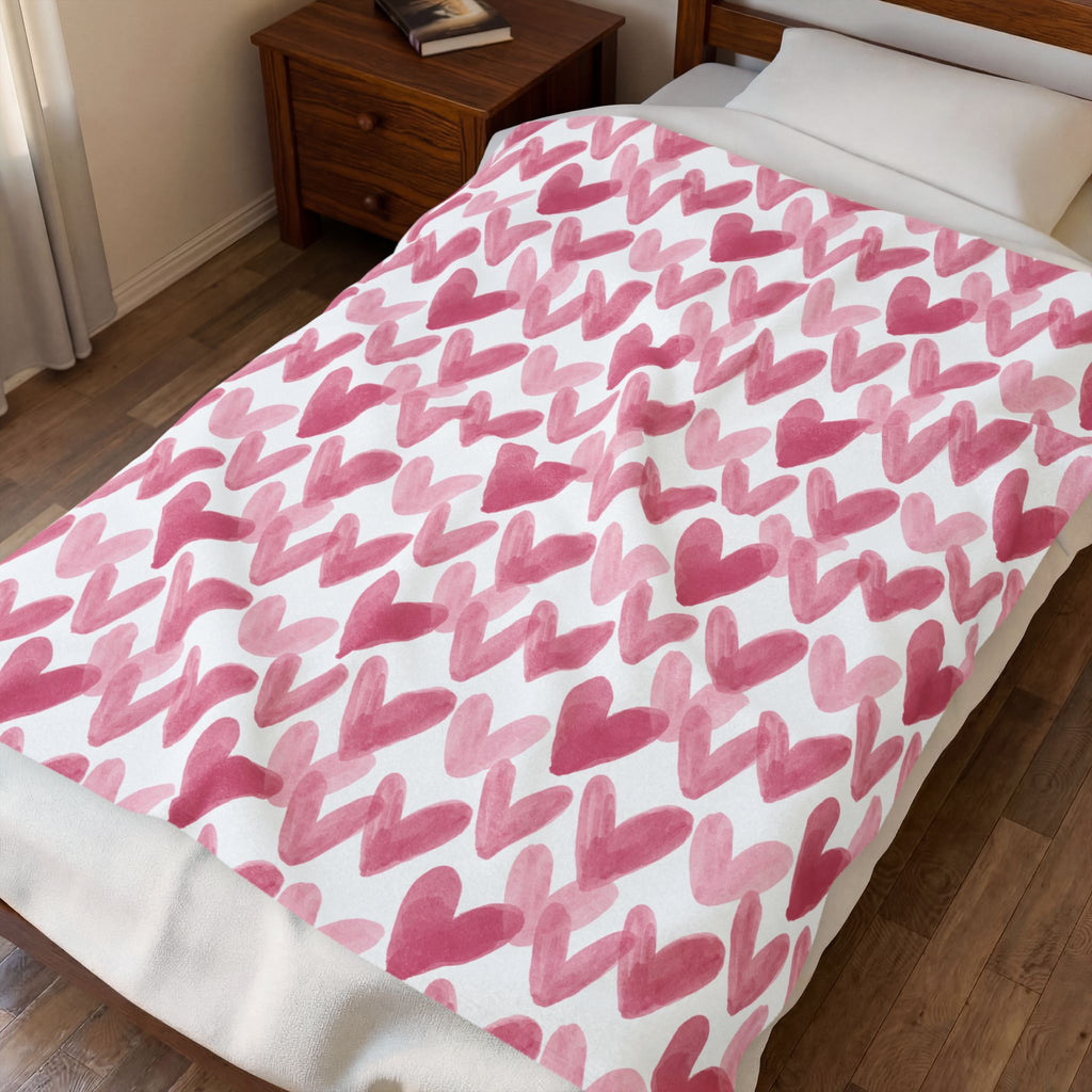 Watercolor Hearts Velveteen Plush Blanket
