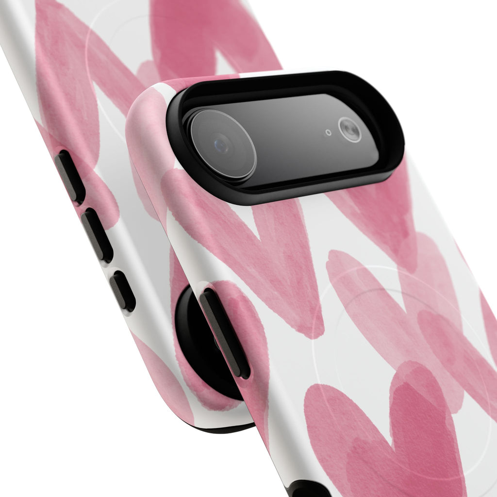 Pink Watercolor Hearts - iPhone- Tough Magnetic Phone Case