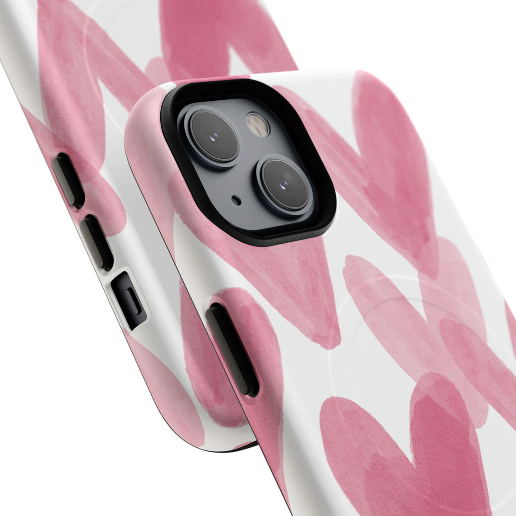 Pink Watercolor Hearts - iPhone- Tough Magnetic Phone Case