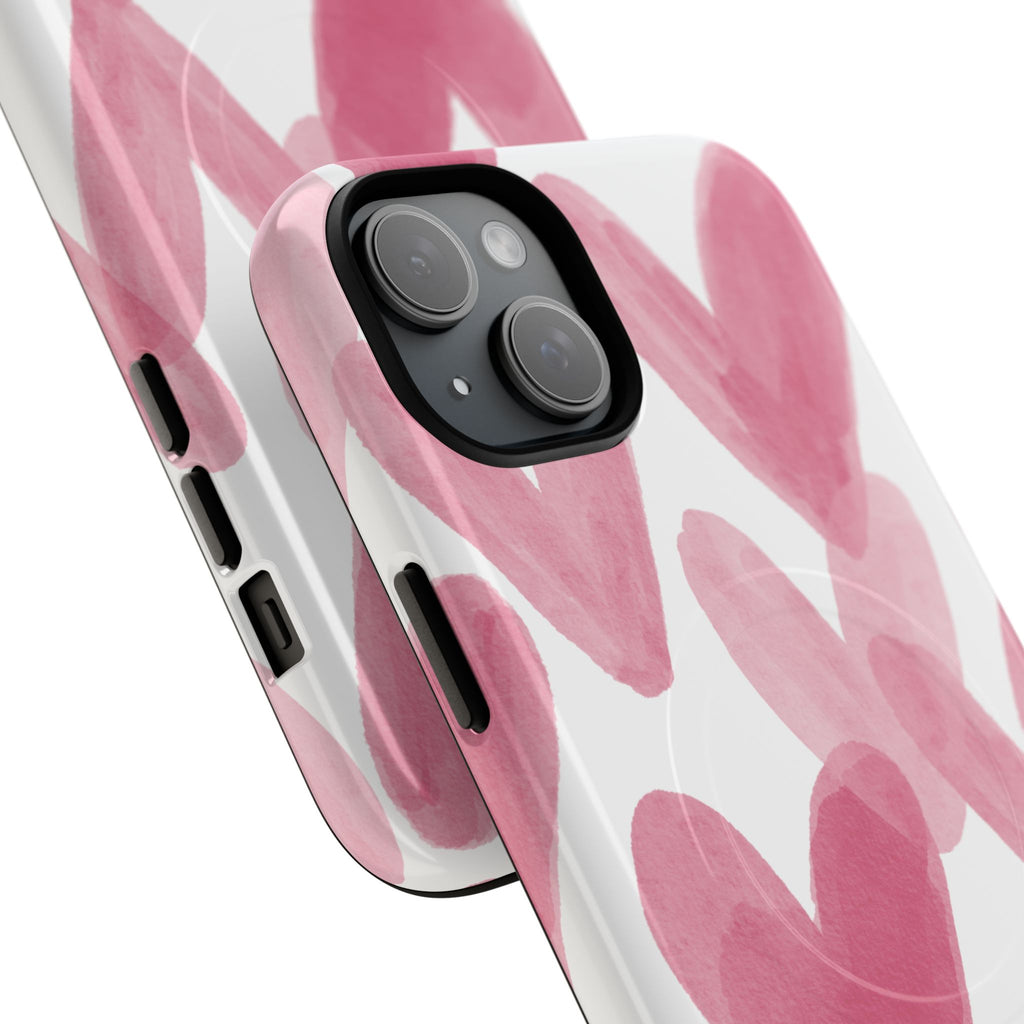 Pink Watercolor Hearts - iPhone- Tough Magnetic Phone Case